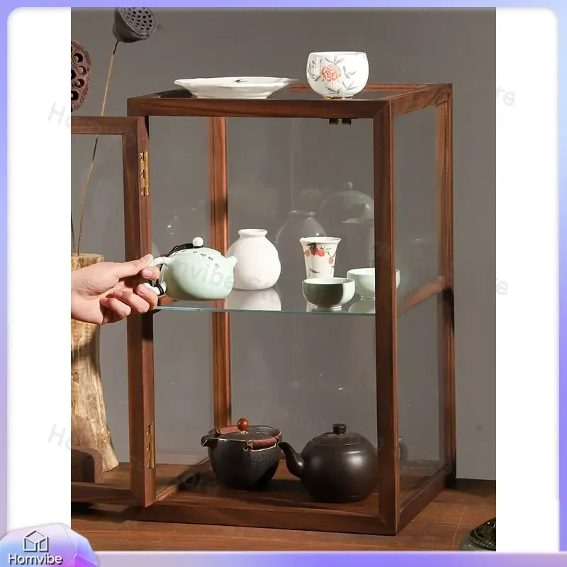 North American Black Walnut Glass Display Cabinet Double Layer Desktop Dust Proof Storage Box for Tea Set Jewelry Transparent