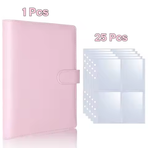 A5 Notebook Photocard Binder with 4 Pockets Sleeves, 6 Ring PU Leather Binder Loose Leaf Personal Organizer Photo Binder Book