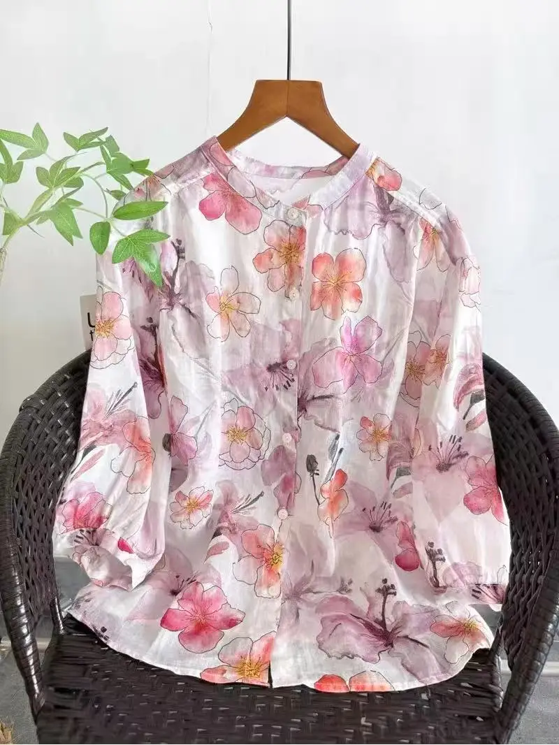 

2026 Original Artistic Watercolor Floral 100% Ramie Linen Shirts for Women Summer Half Sleeve Blouses Vintage Clothing