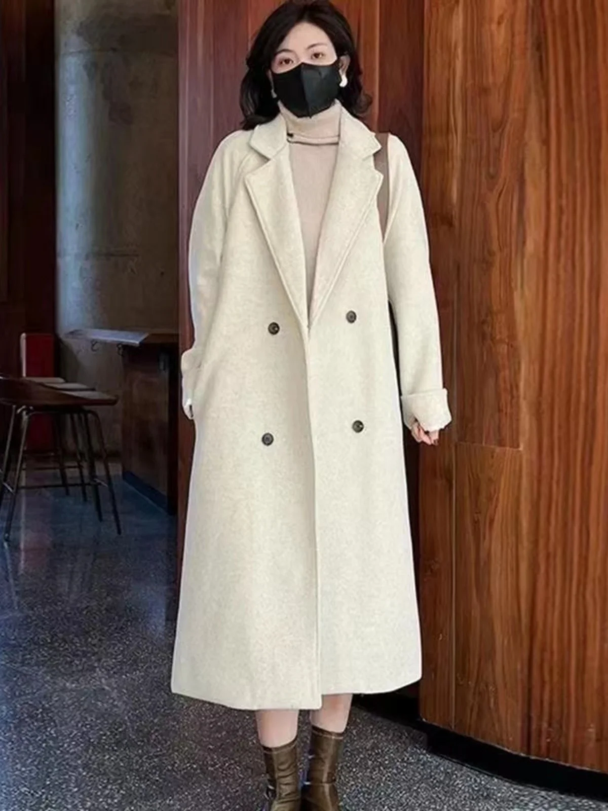 

Thiened Cotton Lined Oversized Woolen Coat Korean Sle Straight Cut Long Sve Single Button Closure Pure Color Outerwear