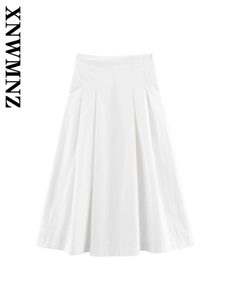 XNWMNZ 2025 Summer Woman's Edgy Mid-length Midi Skirt High Waist Party Lady Side Zipper A-lineskirt Ruffles Regular Fit Bottoms