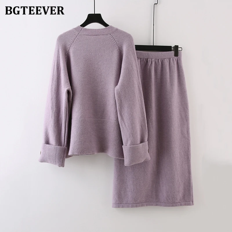 BGTEEVER Autumn Elegant Knitted Skirts Suit Women\'s O-neck Sweater Tops Ladies Straight Skirt Women Two-piece Sets Winter