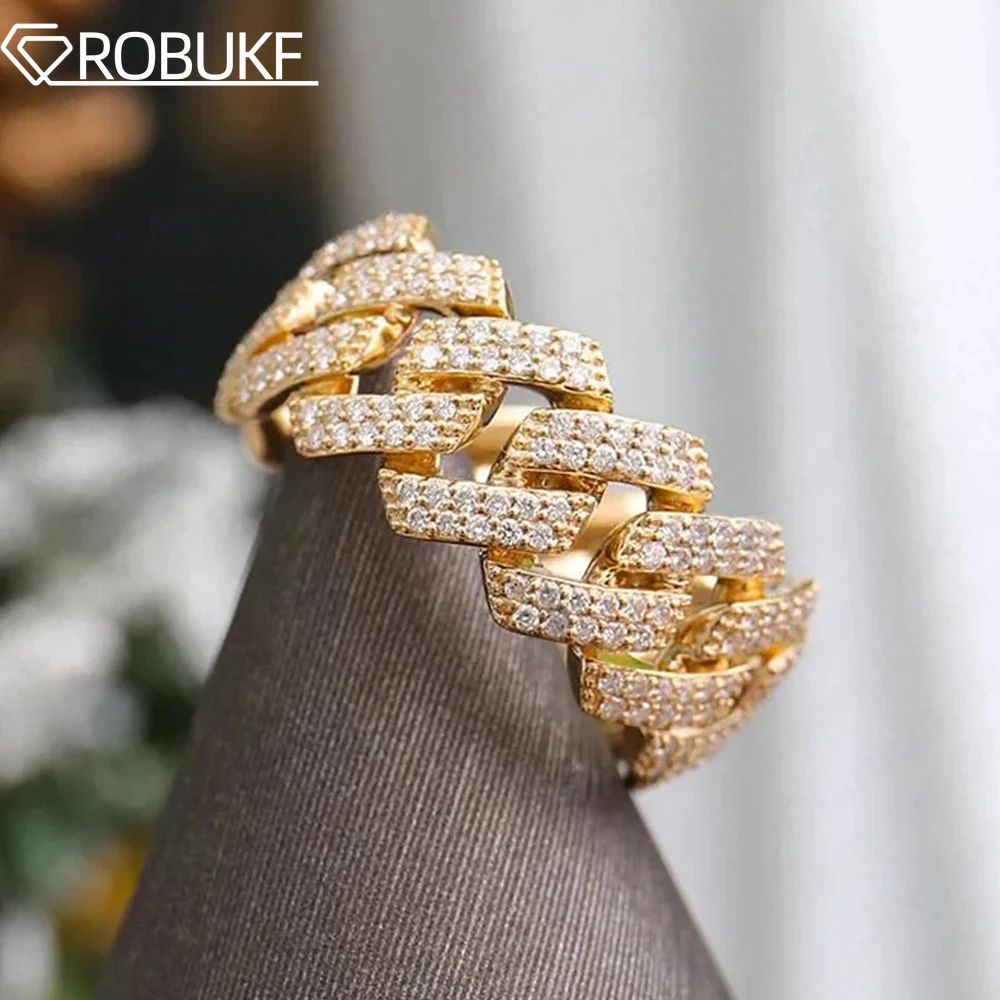 

10mm D VVS1 Moissanite Diamond Cuban link Ring For Men Women Double Row Iced Out Pave Hip Hop Cuban Band S925 Silver Jewelry