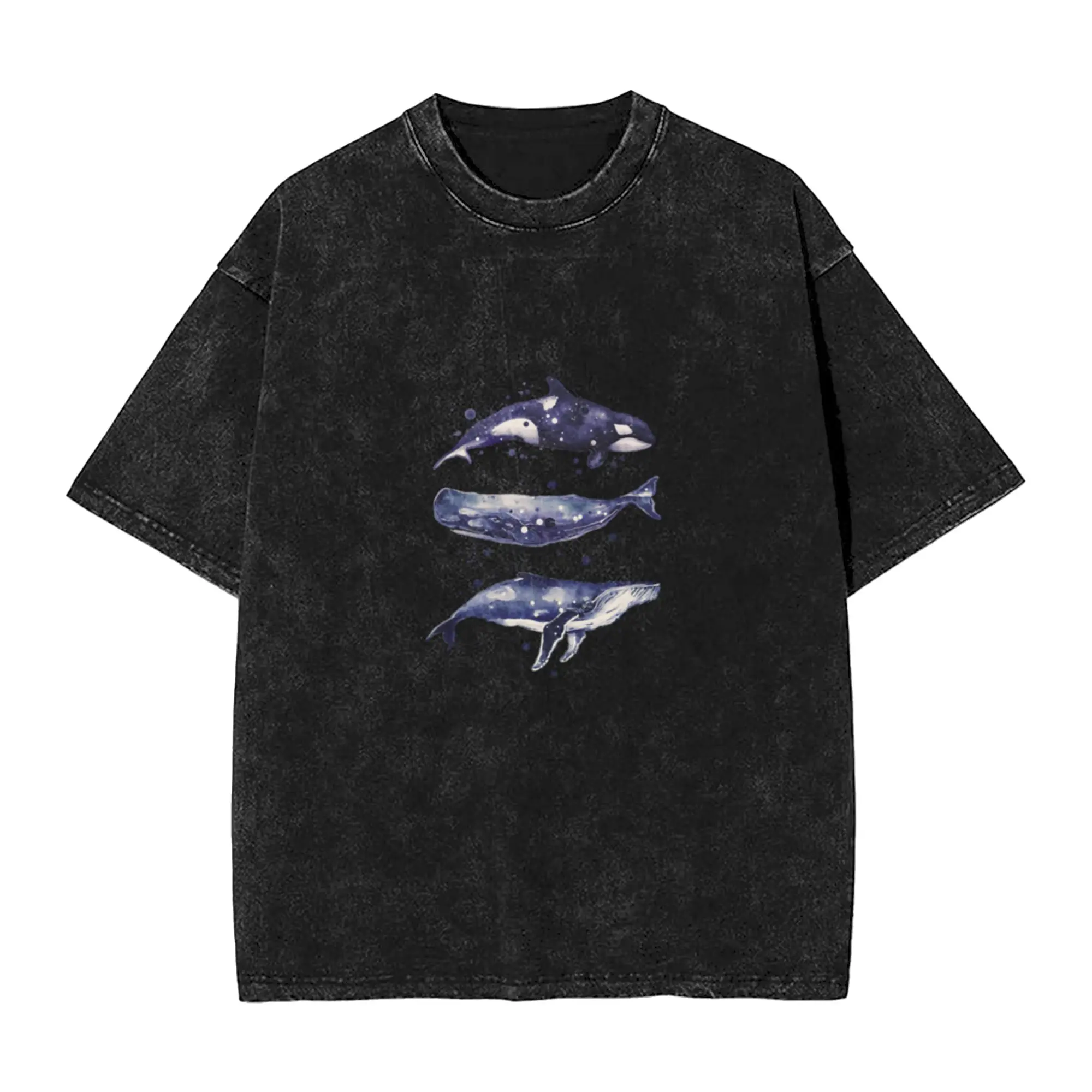 Watercolor Whale Trio in grey  Unique Trendy A Washed T Shirt Men's Women's Oversized Cotton Tees Tops