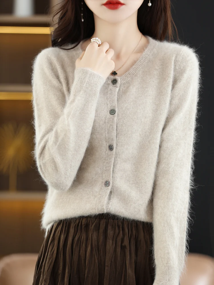 

2024 Autumn Winter New Women 100% mink cashmere Sweater O- Neck Casual Cardigan Soft Buttoned 12 Colors Knitwear top Clothing