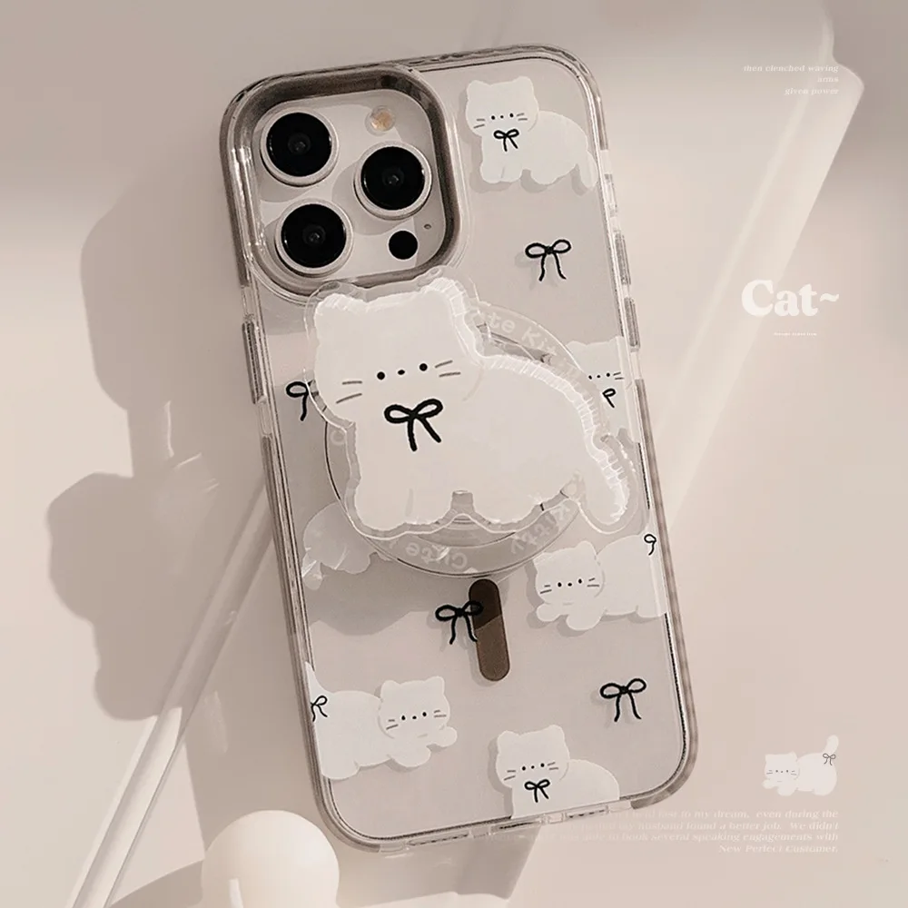 Koreanische Nette Cartoon Katze Transparent Magnetische Halter Telefon Fall Für iPhone 16 15 14 13 12 Pro Max Drahtlose Lade Zurück abdeckung