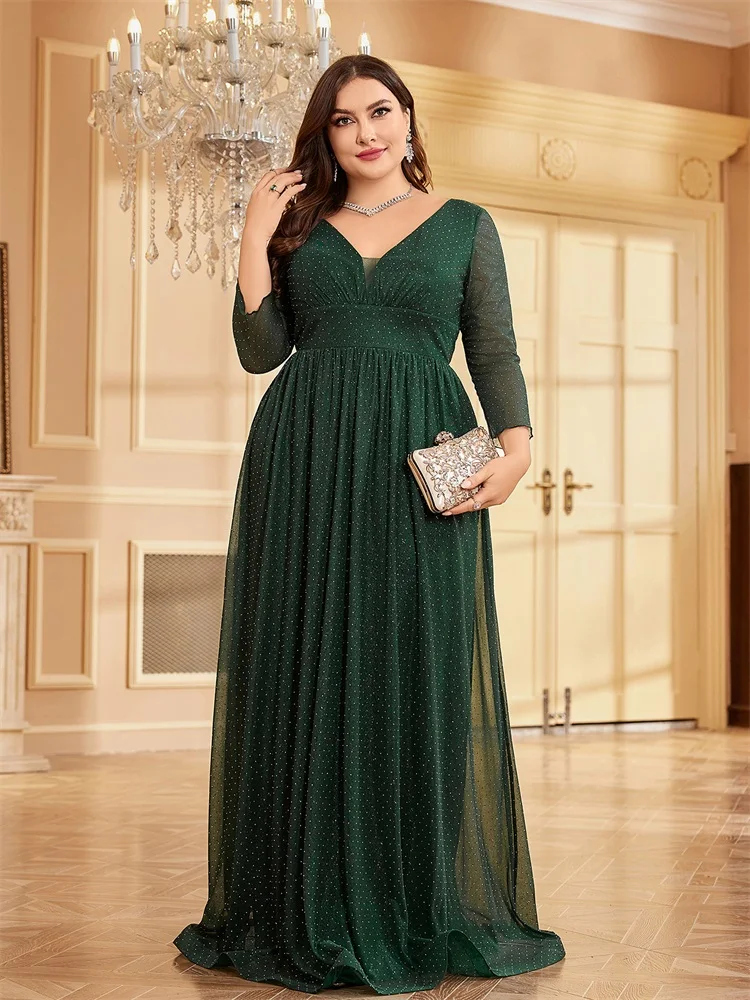 XUIBOL Plus Size Elegant Blue Chiffon V-Neck Evening Dress Women Long Sleeve Wedding Party Maxi Prom Floor Lenght Cocktail Dress