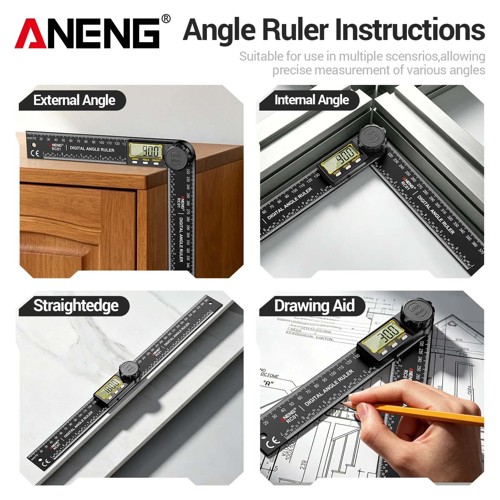 ANENG RN03+RC01 Digital Angle Meter Kit Laser Level Magnetic Protractor Data Retention Auto Shutdown Woodworking Measuring Tools