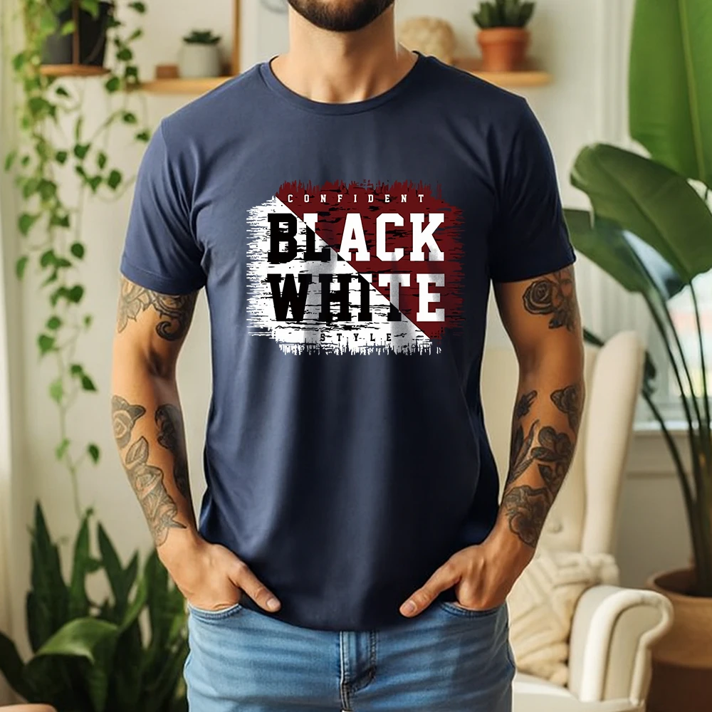 New Summer Men's 100% Pure Cotton T-Shirt Black White Confident Style Streetwear Retro Casual Tee Breathable Short Sleeve