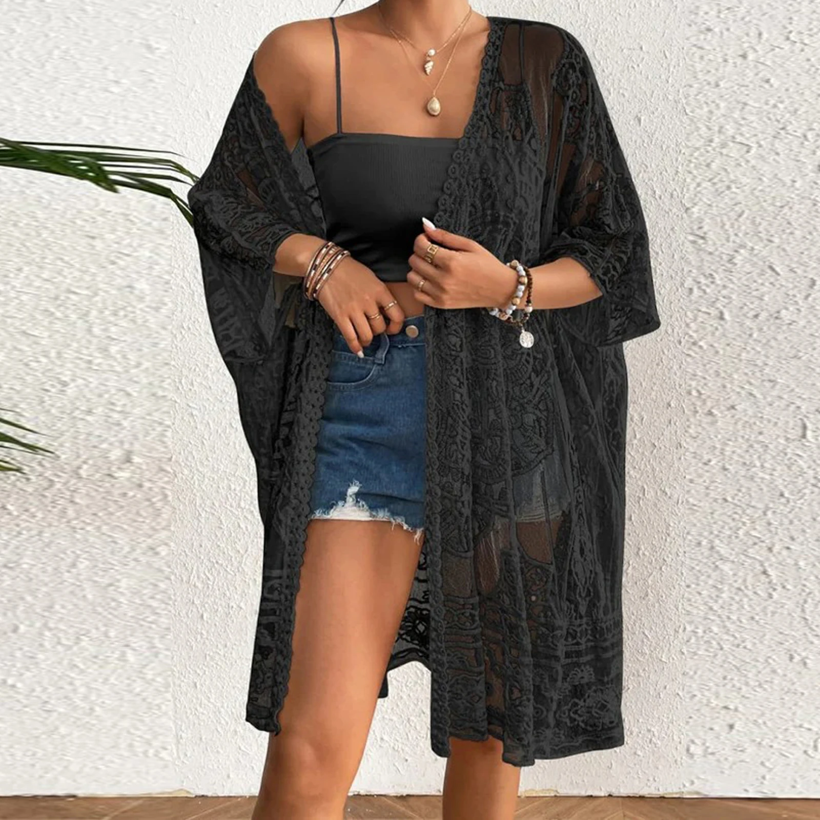 Yivorovy-Robe de plage en maille transparente pour femme, kimono en crochet, cardigan ouvert devant, robe de bikini en dentelle, manches 3/4, vêtements de plage, été