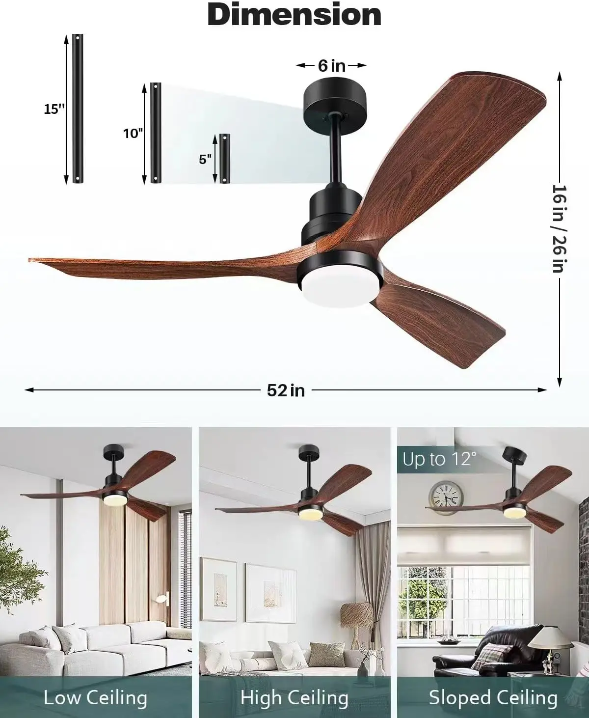 Ceiling Fans With Lights And Remote, 52 Inch Outdoor Ceiling Fan For Patios With Light 3 Downrods, 3 Blades Modern Ceiling Fan