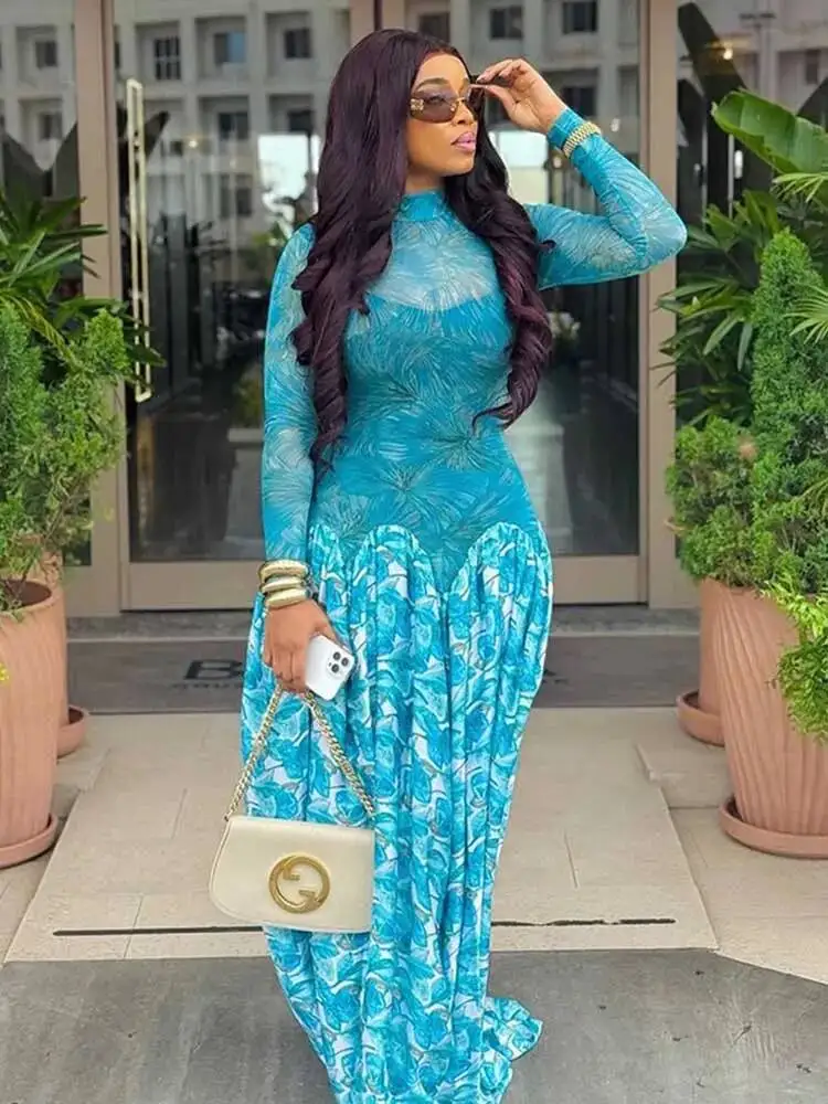 

A Line Maxi Dress for Women Autumn Light Blue Long Sleeve Dress Slim Waist Mid-turtleneck Chic Elegant Evening Dresses Ladies