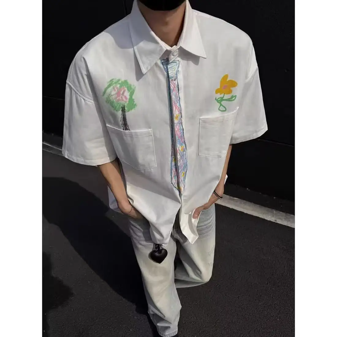Graffiti Hand Drawn Tie Creativity Shirts Short Sleeve Men Loose Short Sleeve Casual Women High-end Blusas Couple Summer 2025