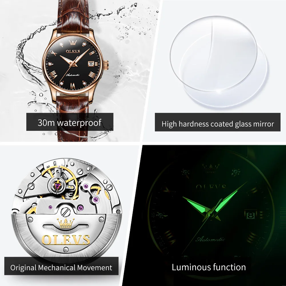 OLEVS Brand New Fashion Mechanical Watch for Women Luxury Genuine Leather Waterproof Date Wristwatch Ladies Relogio Feminino