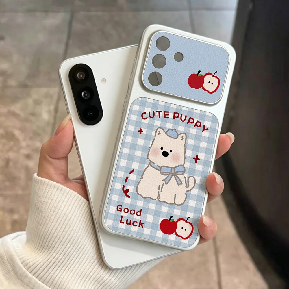 Blue Plaid Puppy Pattern Phone Case For Samsung A57 A27 A56 A16 A36 A37 A17 A07 A26 S24 S25 S26 Ultra Leather Soft Lanyard Cover