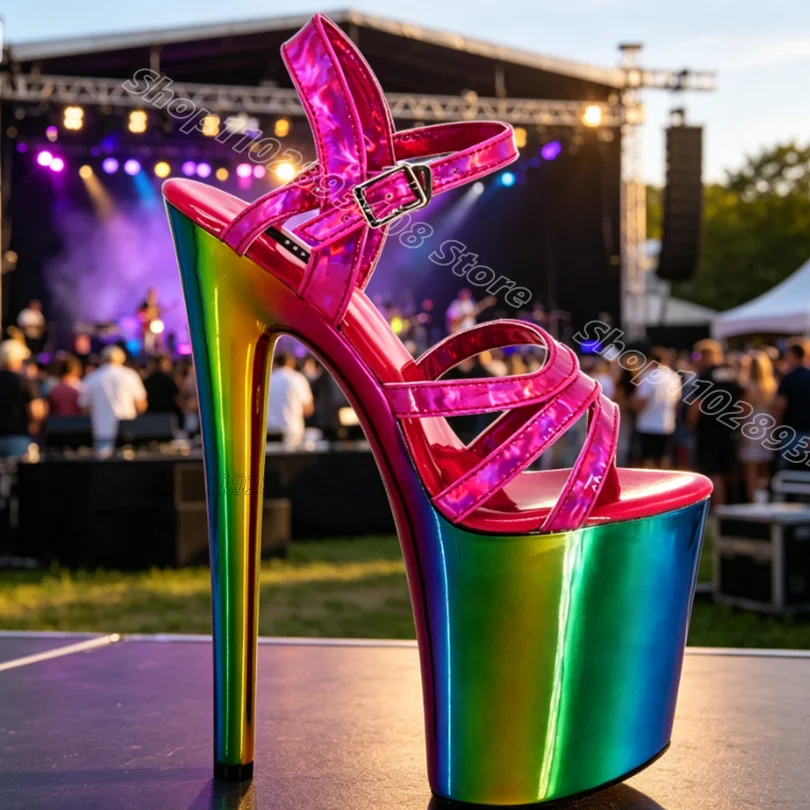 Glitter Mixed Platform Sexy Sandals Open Toe Ankle Buckle Stiletto Performance Stylish Women Dancing Sandals Zapatos Para Mujere