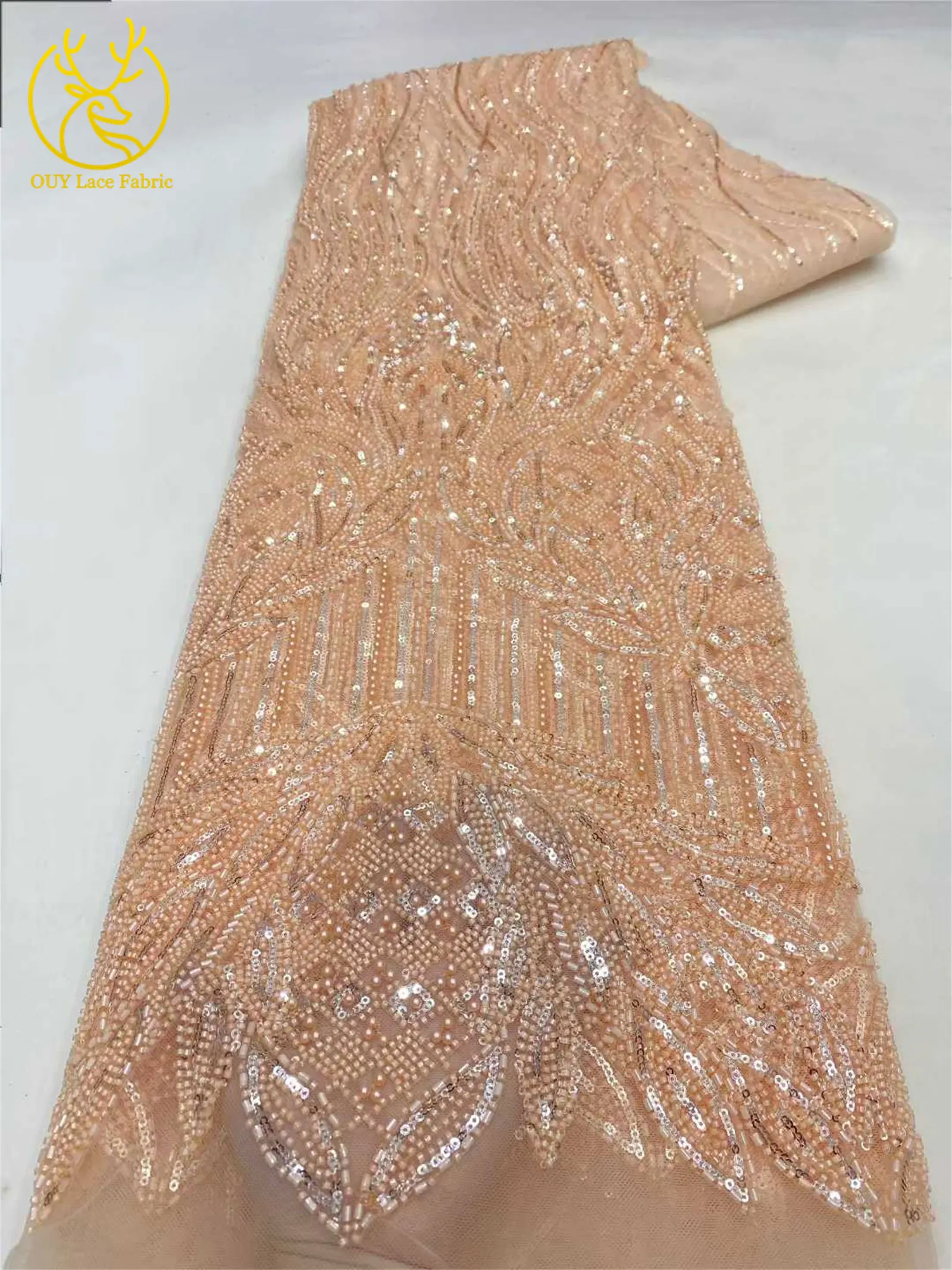 Eleganter Afrikanischer Pailletten-Perlen-Spitzenstoff 2026 Hochwertige Nigerianische Französische Bräutigam-Stickerei Tüll-Spitzenstoff für Braut und Hochzeit – Detail 7