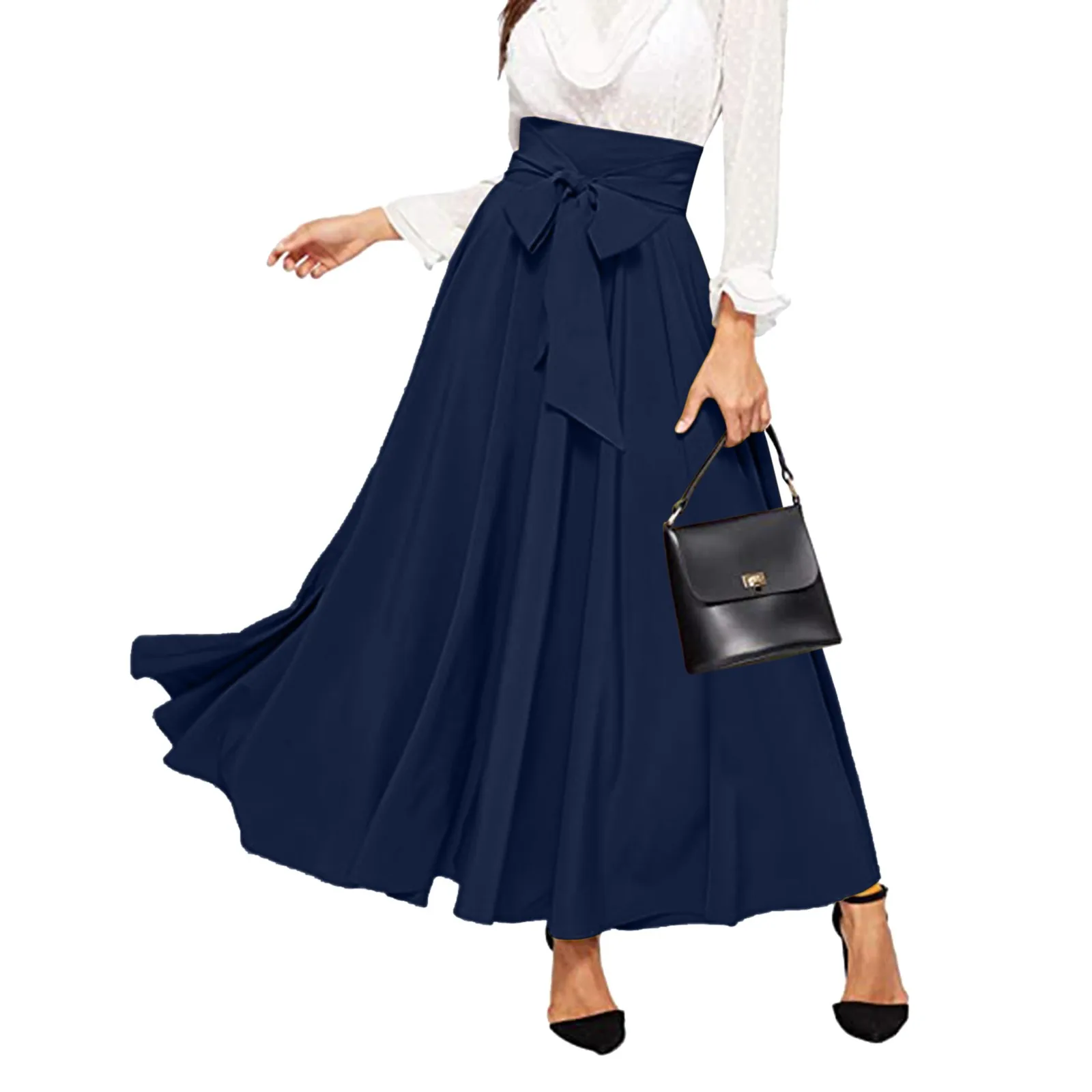 

Women's Elegant High Waist Skirt Tie Front Solid Color Bowknot Pleated Retro Maxi Skirts Office Ladies Versatile Harajuku Skirts