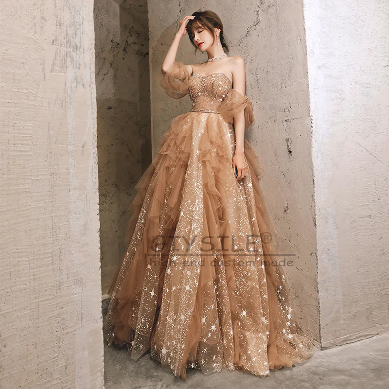 GIYSILE مخصص موضة ضمادة الشمبانيا صديرية دائرية فستان سهرة 2025 جديد الشاش مطرزة فقاعة كم ألف خط فساتين الحفلات