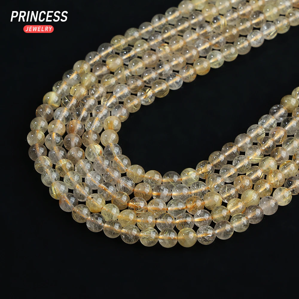 A+ Natural 6mm Golden Rutilated Quartz Crystal Loose Gemstone Beads for Jewelry Making Bracelet Stone Beads DIY Accessories