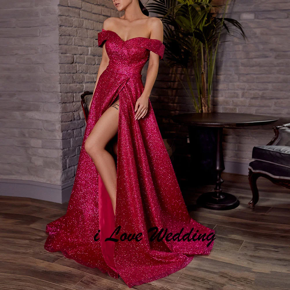 

Блестящее платье для выпускного вечера трапециевидной формы с открытыми плечами и блестками по индивидуальному заказу, вечернее платье длиной до пола со шлейфом и шлейфом