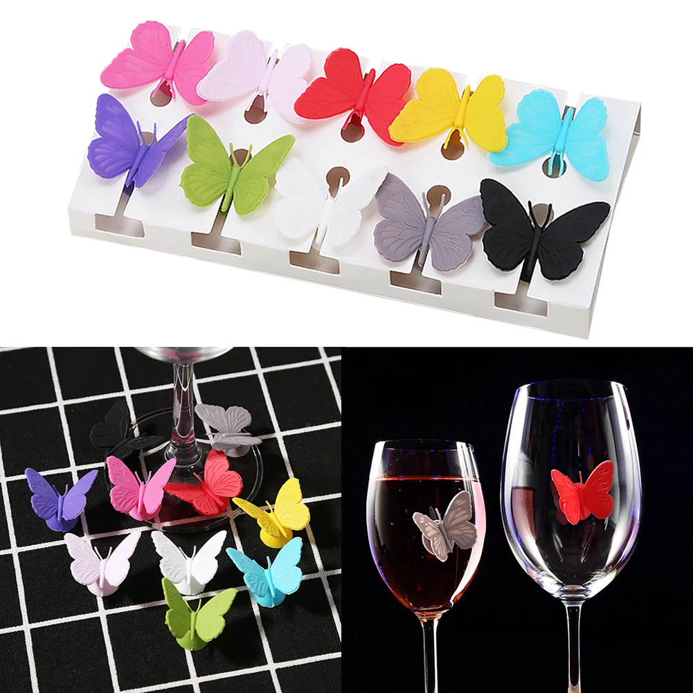 Butterflies Silicone Wine Glass Marker with Suction Cup Bar Tool Accessories Party Wine Glass Charm Cute Bar Decorative Tag