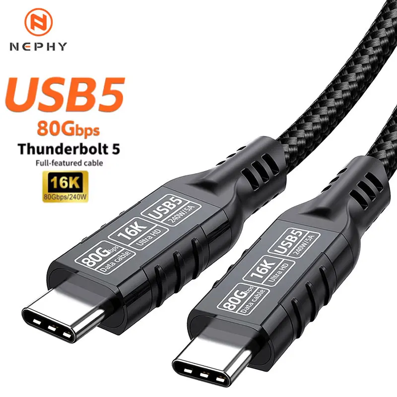 16K 80Gbps Thunderbolt 5/4 USB 5 Cable 240W 8K@60Hz Type C Fast Charging USB C to C Data transfer Cord for MacBook Pro/Air 2m 3m