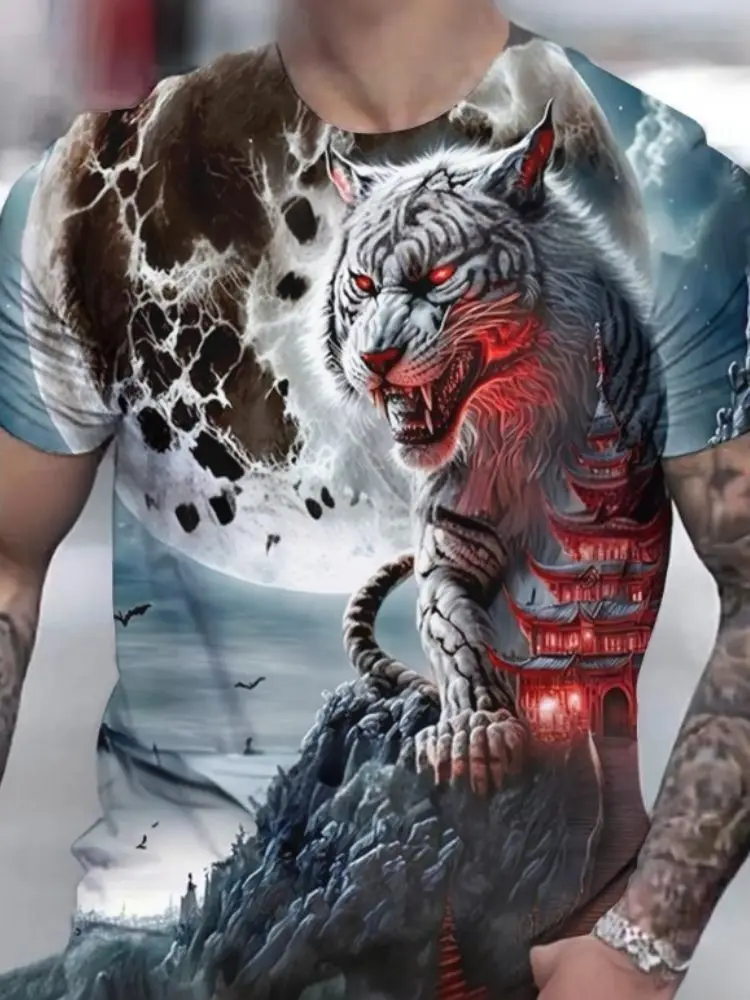 Popular 3D Fierce White Tiger Print Men's T-Shirt Fashion Short Sleeve T shirt Outdoor Men Women Personality Top Summer Clothing