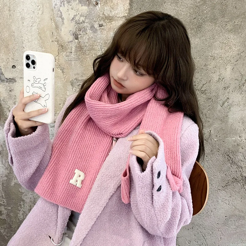 

WOMEN Korean Style Candy Color R Letter Knitted Scarf Fashionable Unisex Winter Accessories Set for Students Couples