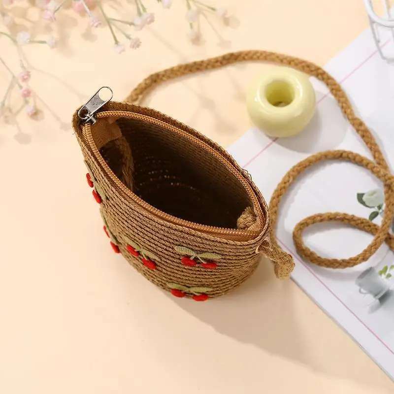 Faltbare gewebte Strohtasche für Kinder, Sommer-Schultertaschen für Mädchen, rote Kirschen, Kinderhandtaschen, Strand- und Reisetaschen, kleine Geldbörsen – Detail 15