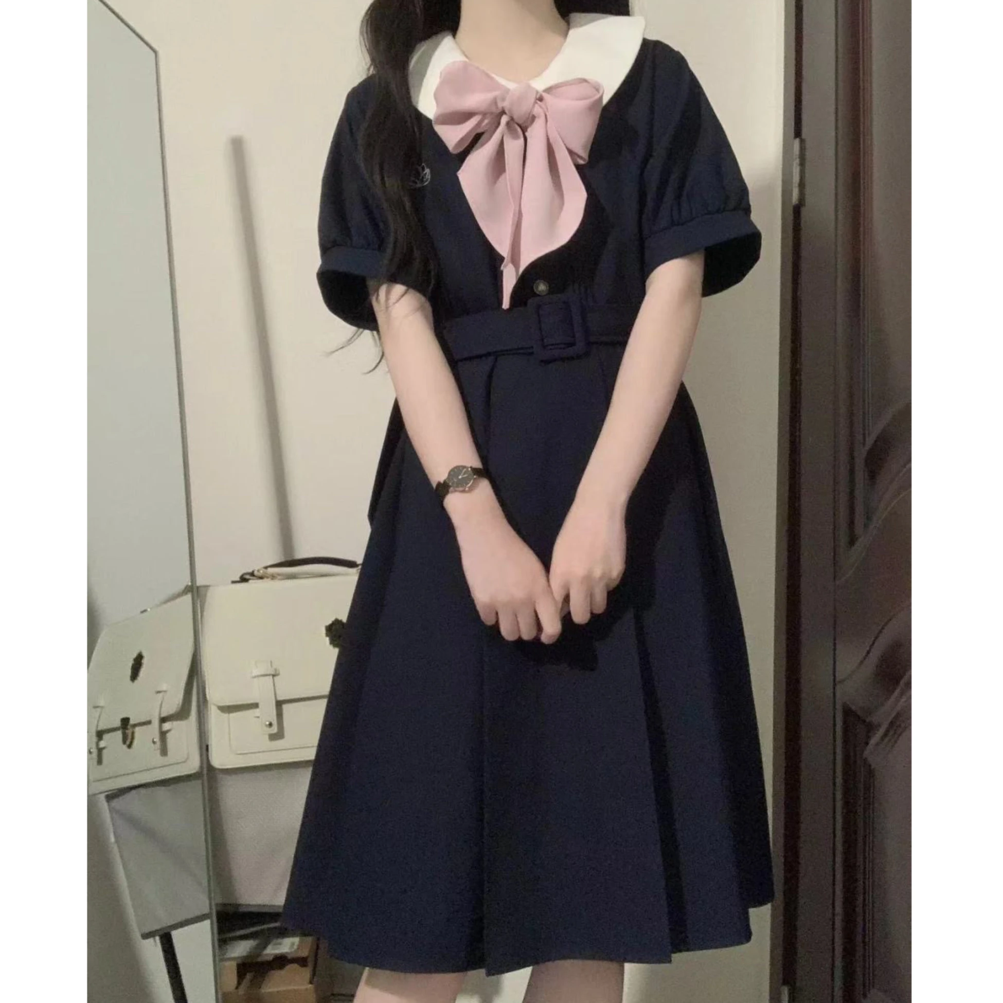 Korean Preppy School Uniform Jk Spring/Summer Sailor Uniform Dress Girl Student Loose Long Bow Short Sleeve Pleated Skirt