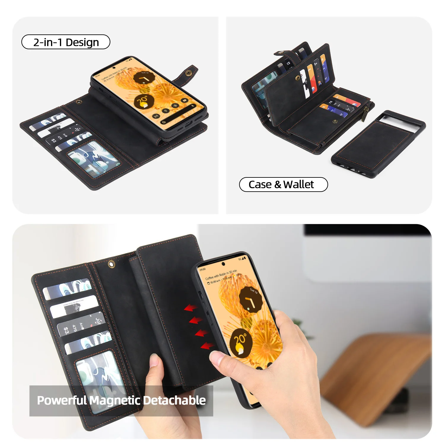 MEGSHI Luxury 2 in 1 Detachable Wallet Case for Google Pixel 6 6A 7 7 Pro 8 8 Pro Magnetic Clasp Flip Leather Phone Cover