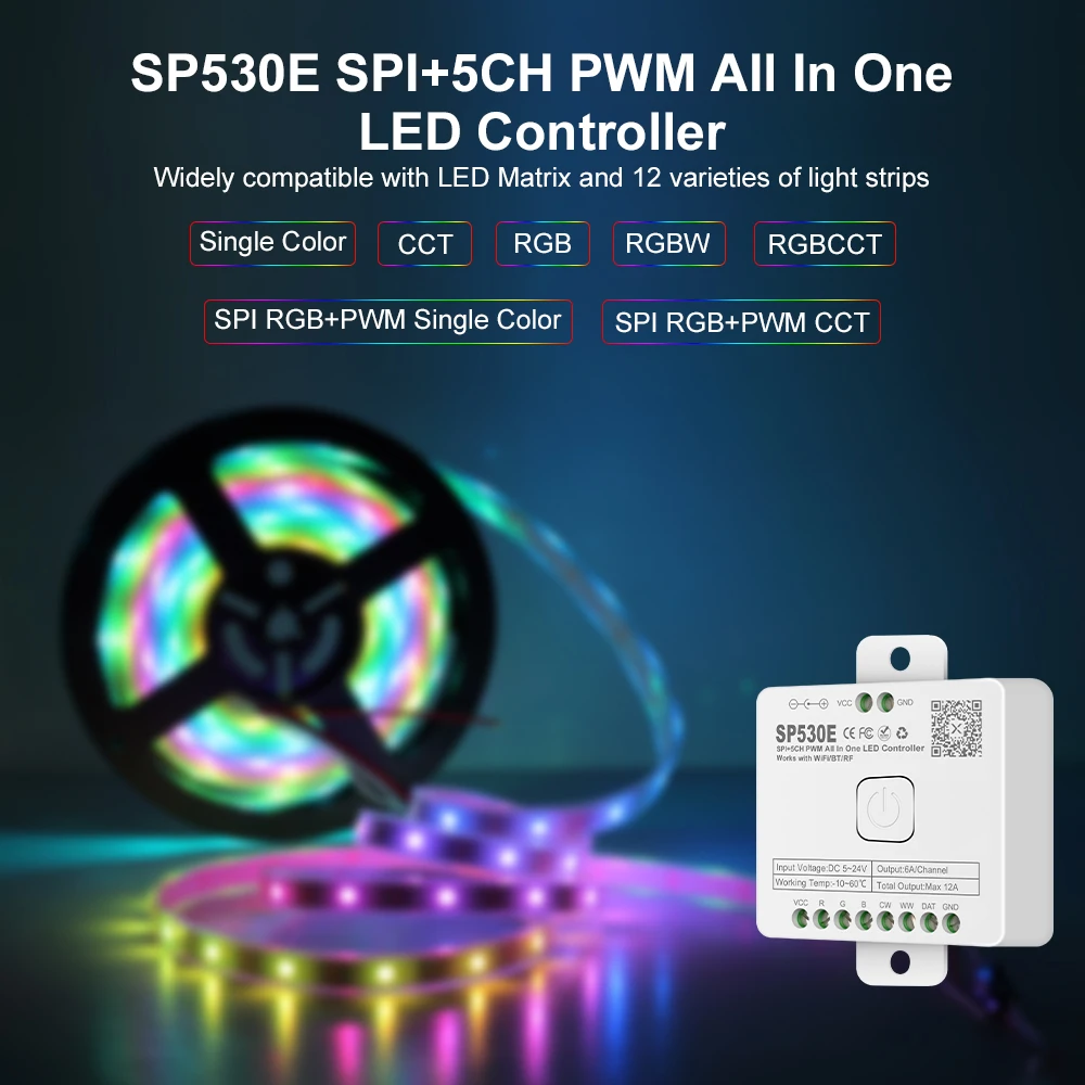 Imagem -02 - Controlador Led Wifi Spi Pixel Dimmer Ws2812b Ws2811 Controlador Endereçável Pwm Rgb Rgbw Rgbcct Led Dim 524v Luz Led 12-em1