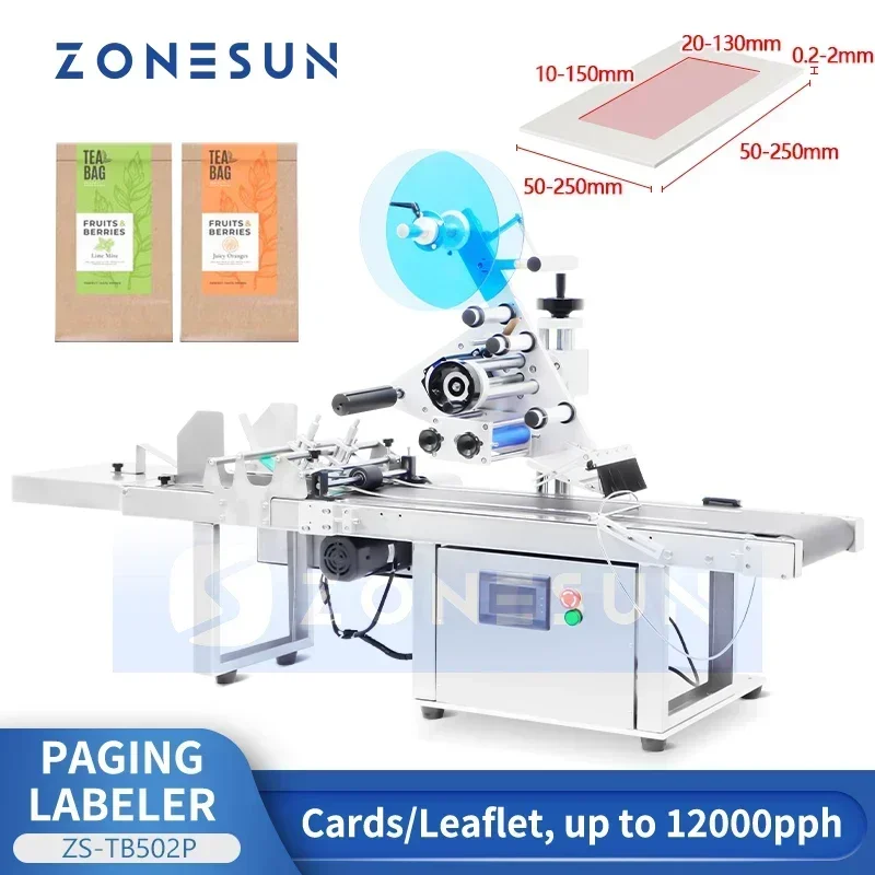 ZONESUN ZS-TB502P Automatic Flat Surface Paging Labeling Machine Card Leaflet Box Pouch Bag Label Applicator Equipment