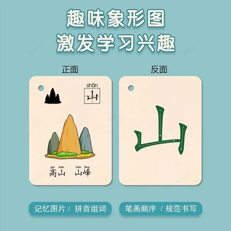 Kartu anak-anak TK Cina Pinyin karakter Hanzi, kartu belajar usia literasi gambar pencerahan ganda awal