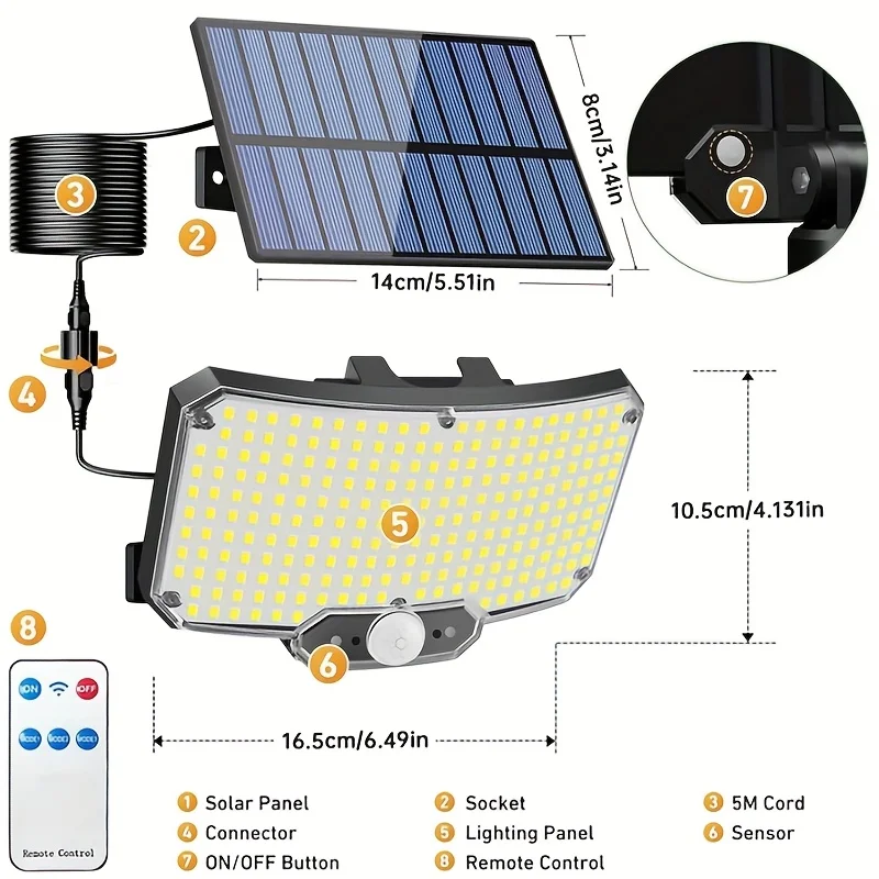 234LED Solar Flood Light Motion Sensor 3 Modes Remote Control Wide Angle Waterproof Lamp for Yard Garden Patio Porch`