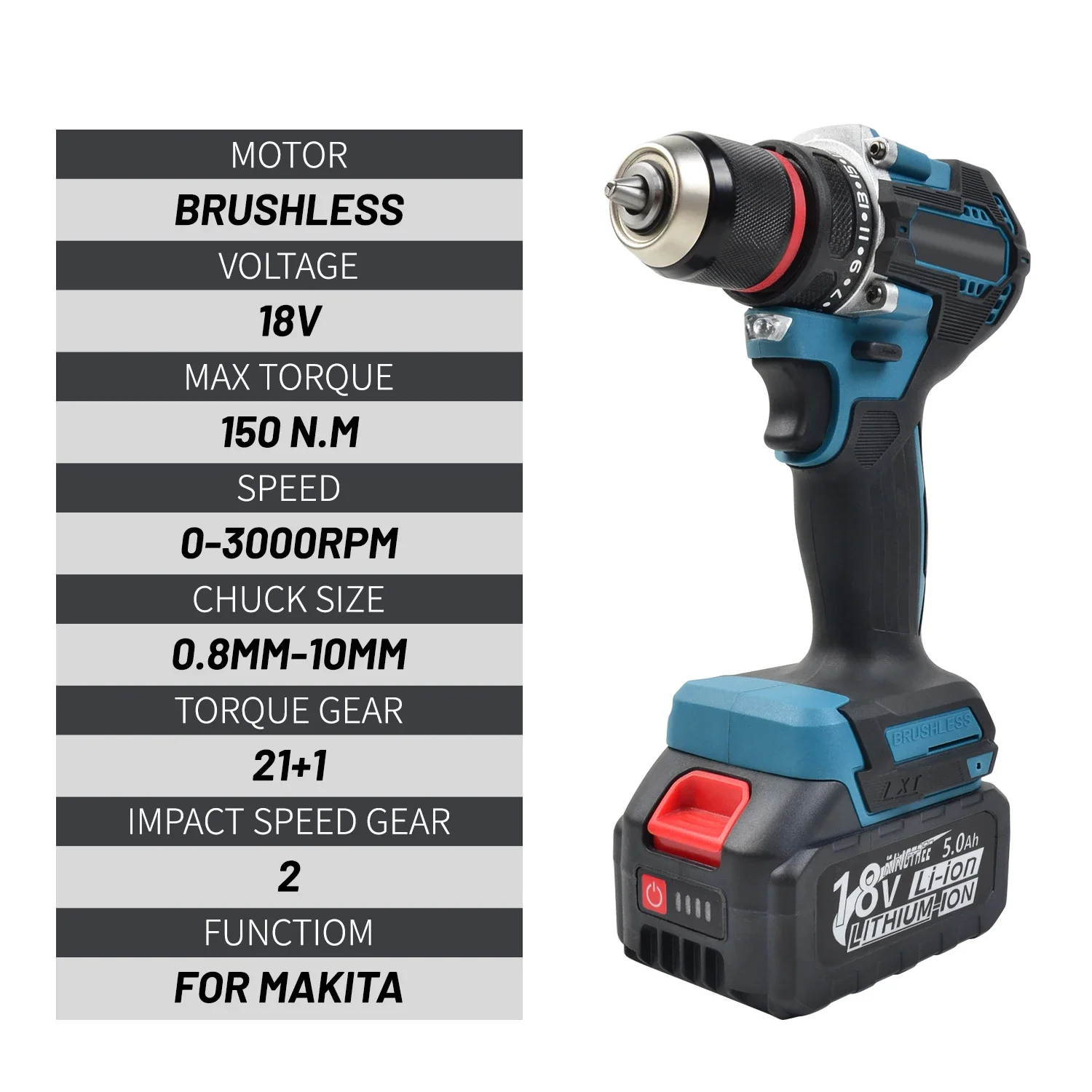 18V battery pin 1/2 inch 1700RPM cordless drill compact hammer drill, brushless motor lithium electric drive suitable