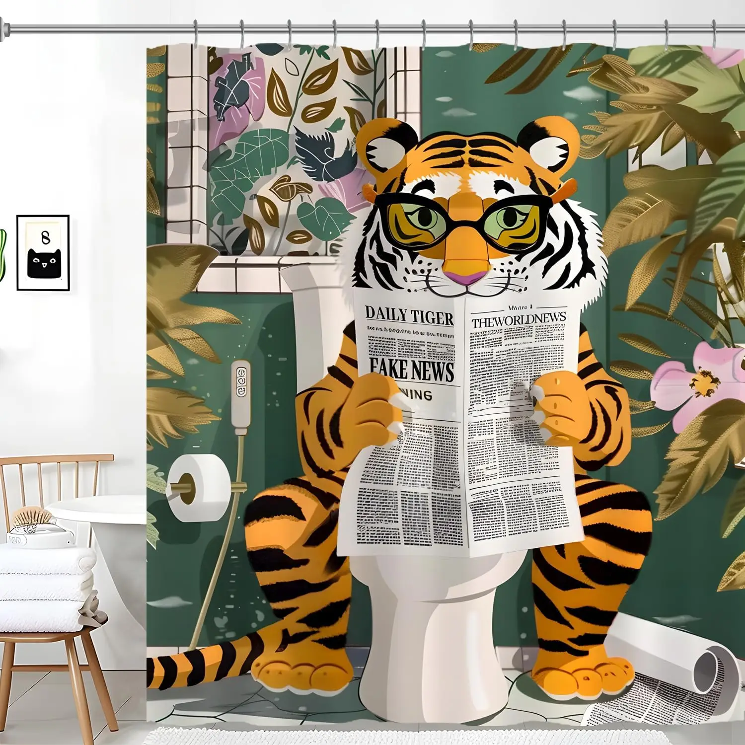 

Забавные шторы для душа с тигром, крутая занавеска для душа с тигром для чтения, забавные водонепроницаемые занавески для душа с юмором и животными 72 x 72 дюйма со мной