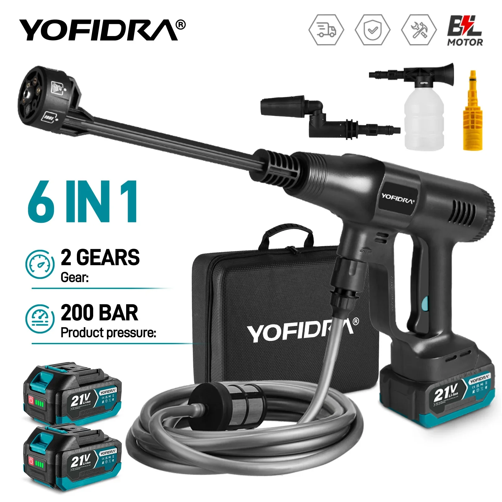 YOFIDRA 200Bar – bezszczotkowy, elektryczny pistolet do mycia samochodów pod wysokim ciśnieniem, z wiadrem, do użytku w ogrodzie, kompatybilny z akumulatorami Makita 21V.
