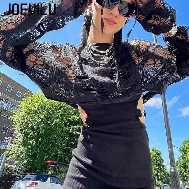 Irregular Hole Crop Top Thin Black Sweater Casual  Vintage Gothic Blouses Versatile Lazy Outerwear Pullovers Womens Fashion Tops