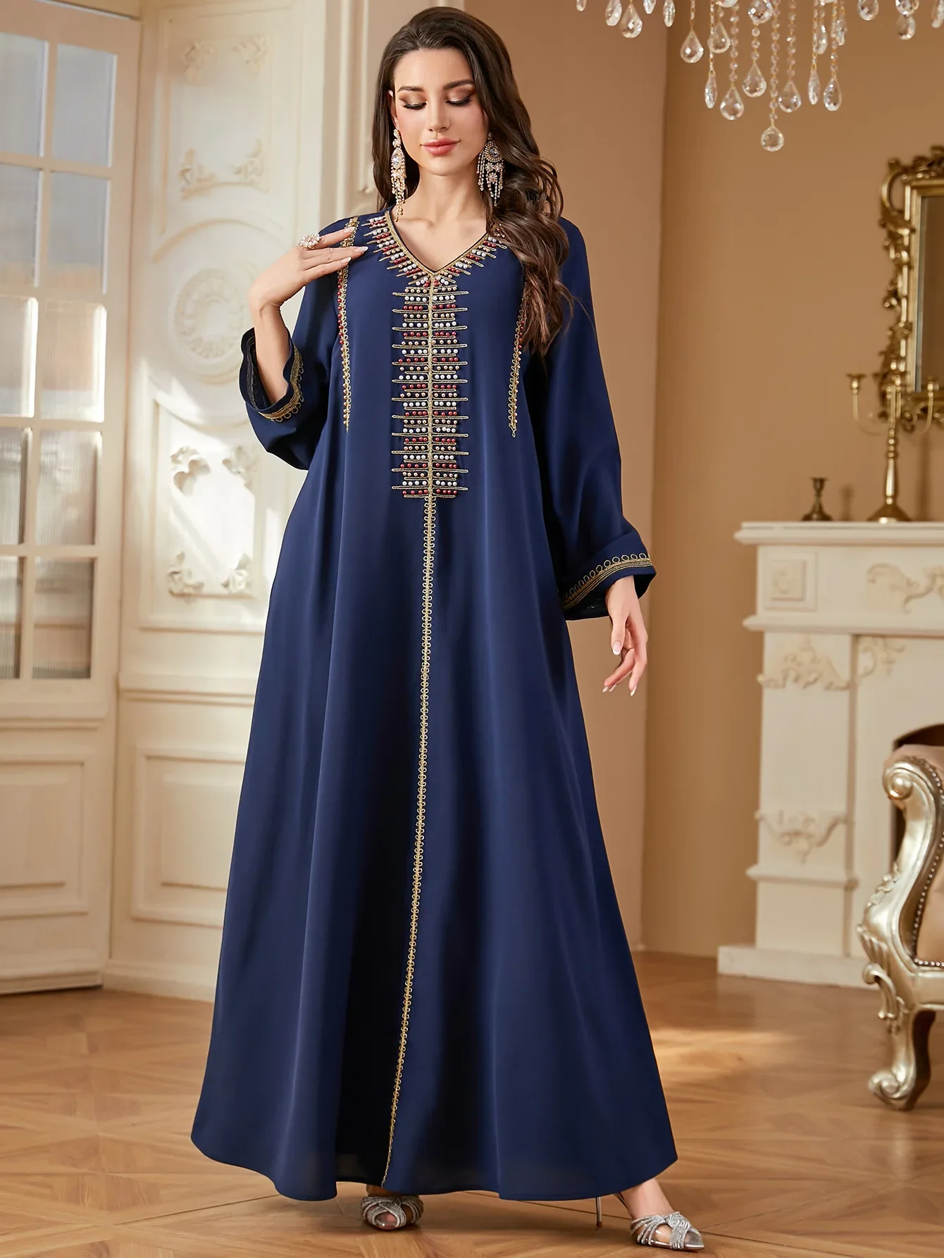 

Eid Muslim Women Beading Dress Abayas Party Jalabiya Embroidery Vestidos Largos Arab Long Robe Ramadan Morocco Dubai Kaftan