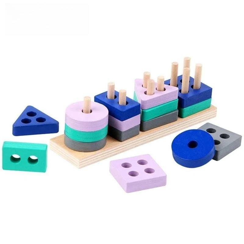 Children Montessori Wooden Puzzle Toys Kids Wood Building Blocks Toys for Baby 1 2 3 Years Old Early Educational Toys Boys Girls