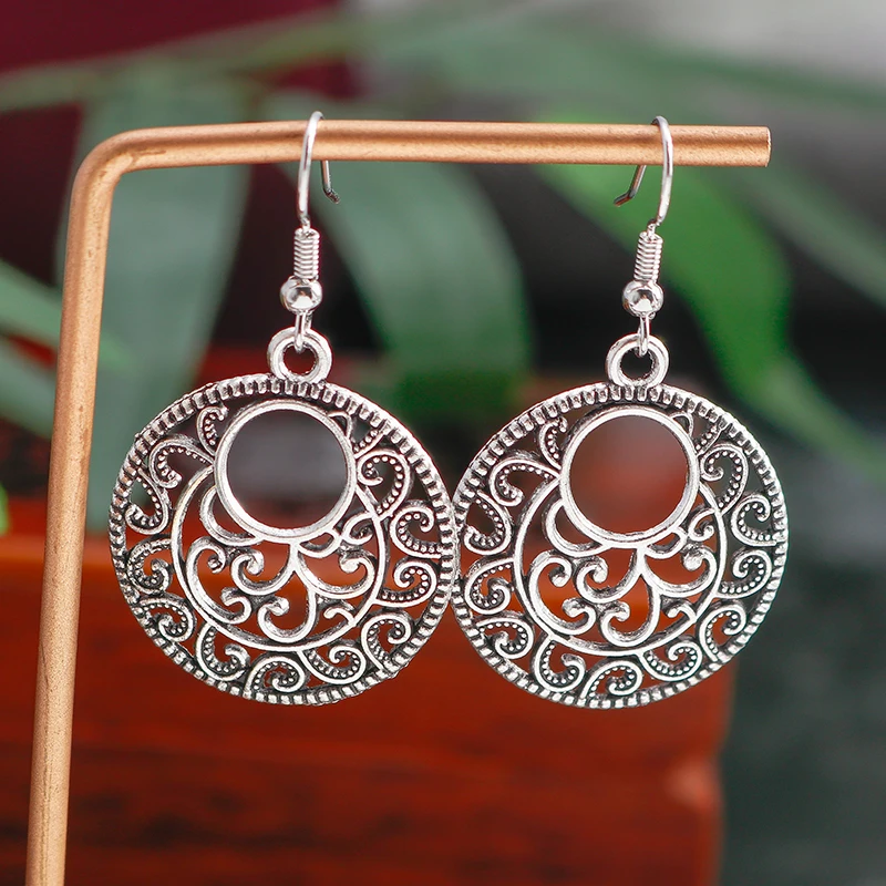 Aihua Mode Aussage böhmischen Vintage ethnischen großen runden Tropfen Ohrring lange geschnitzte Blumen Tropfen Ohrringe für Frauen – Detail 19