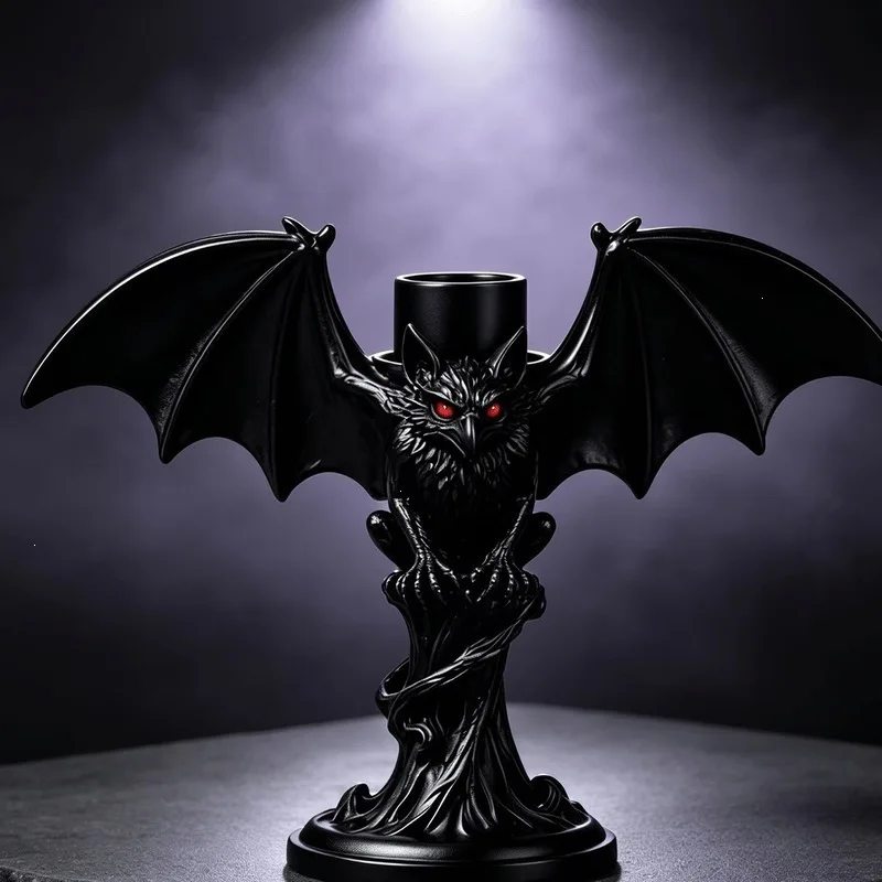 Gothic Demon Bat Owl Candle Holder Black Resin Candlestick Halloween Desktop Decoration For Spooky Party Haunted House Decor
