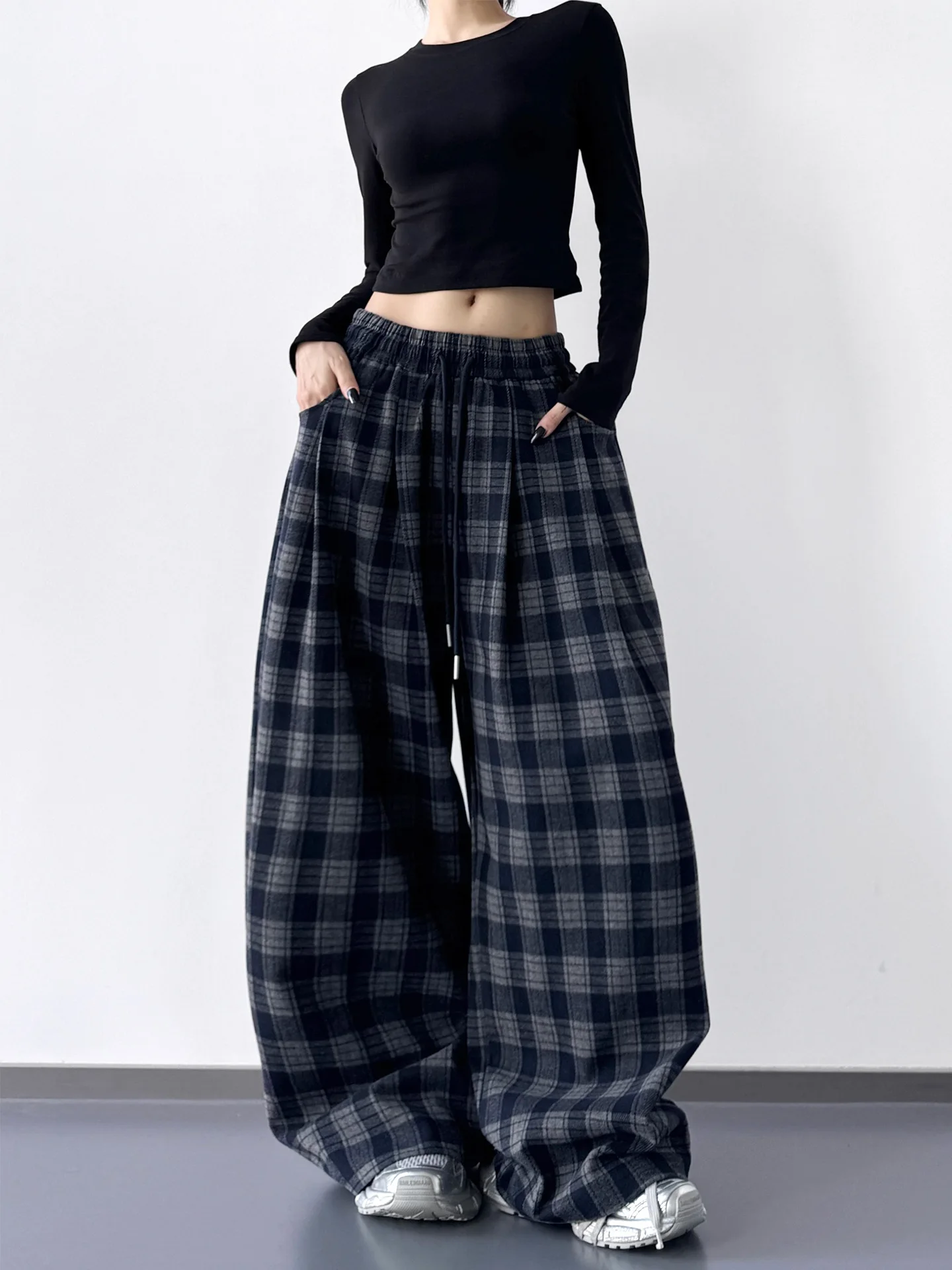 

Широкие брюки в клетку с высокой талией, женские свободные драпированные брюки, осенние модные повседневные брюки, простые повседневные брюки