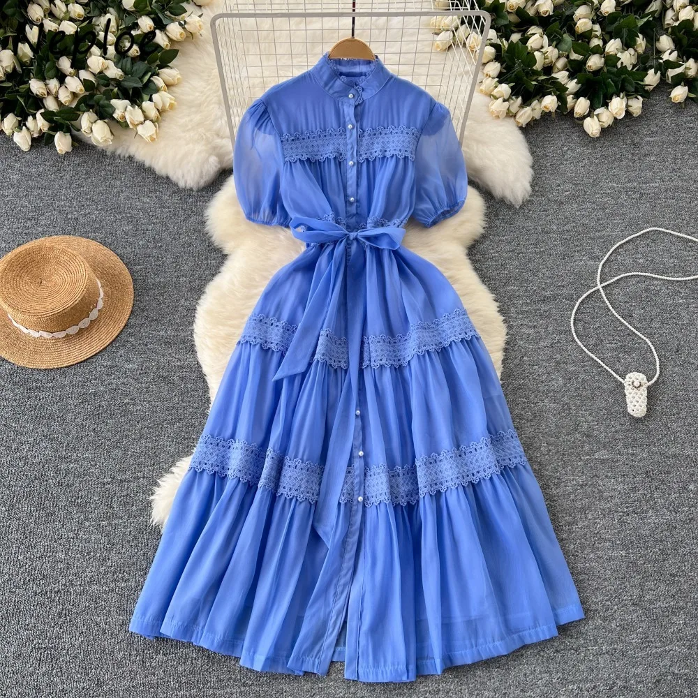 

Neploe Korea Stand Collar Puff Sleeve Patchwork Dress Vintage Lace Up French Style Robe Casual Big Swing Court Button Vestidos