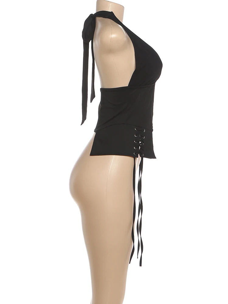 Sisterlinda Trend Damen Cross-Bandage Tanktop mit Dekoration, Neckholder, tiefem Ausschnitt, rückenfrei, unregelmäßige Form, sexy Sommer-Mode-Westen – Detail 4