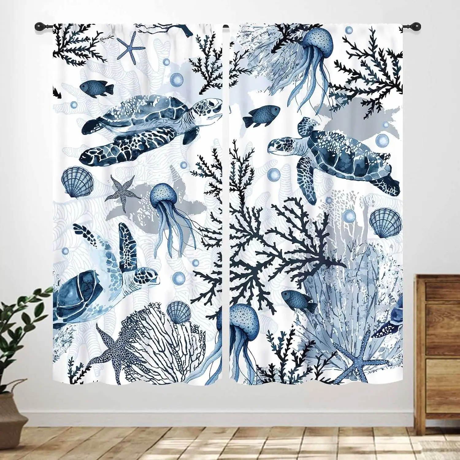 Cortina de Ducha con Estampado de Vida Submarina de Tortuga Marina Tropical, Decoración de Baño con Medusas de Coral Azul, Estilo Náutico Impermeable