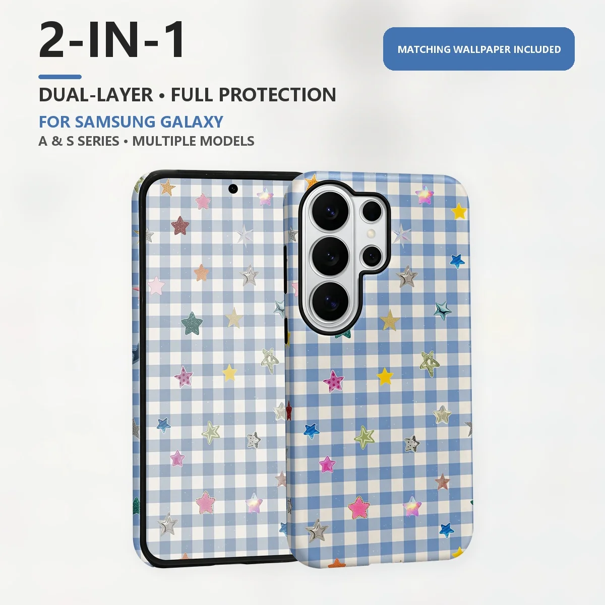 Blue Gingham Stars 2-in-1 Dual-Layer Phone Case for Samsung Galaxy S26 S25 S24 S23 S22 S21 Plus Ultra FE S20 FE A56 A17 A16 A15