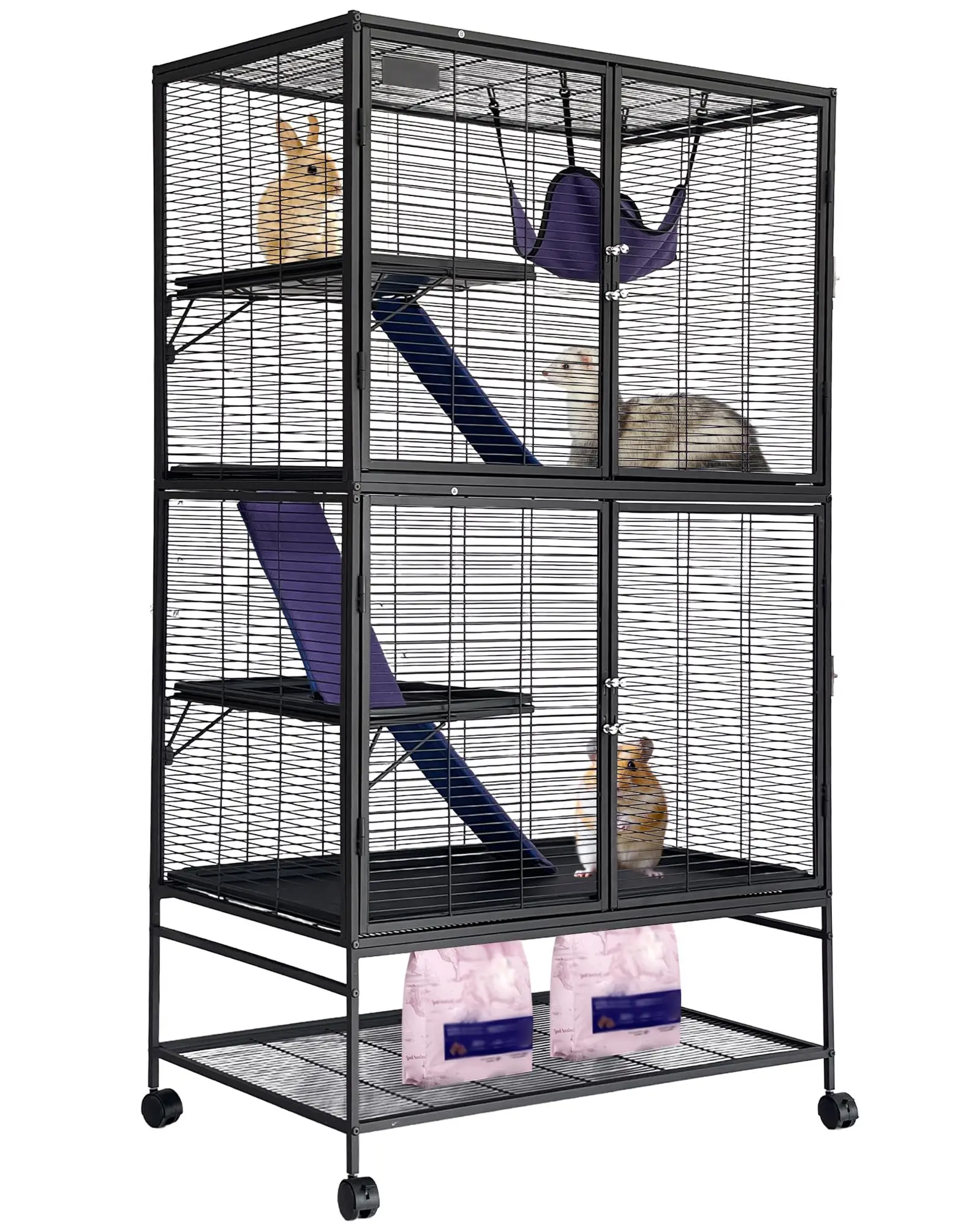 Gabbia per Furetti da 64,42'' di Altezza, Gabbia in Metallo per Piccoli Animali, Ampio Habitat per Chinchilla, con Amaca, Rampa e Aree Gioco a Più Livelli